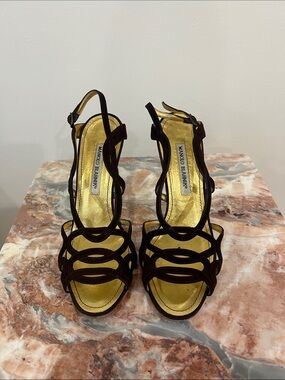 Manolo Blahnik Chocolate Brown Suede Strappy Heels with Gold Insole